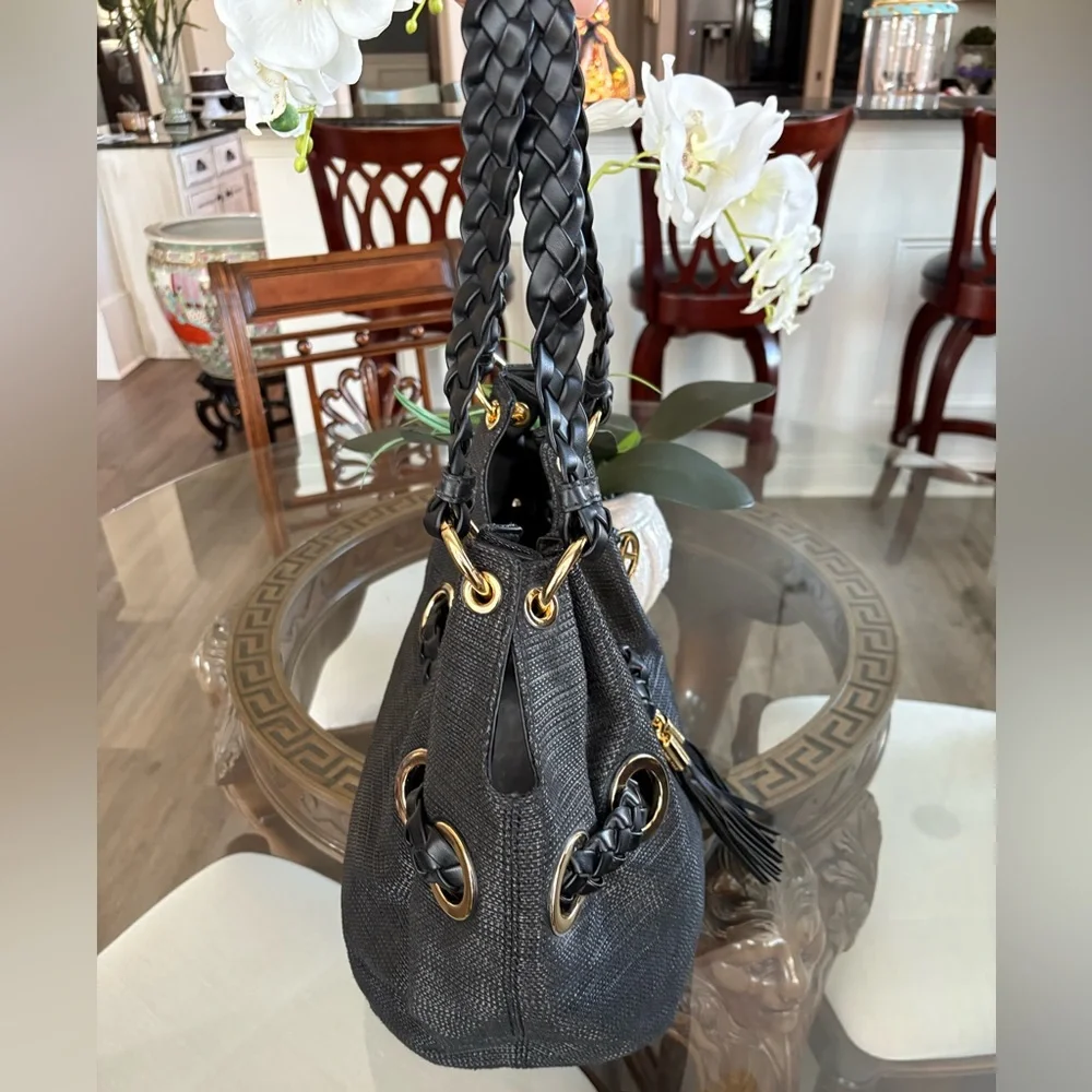 🖤🖤MICHAEL KORS LARGE BLACK BRAIDED LEATHER & SOFT STRAW SHOULDER/TOTE BAG! 🖤🖤 - Picture 3 of 9